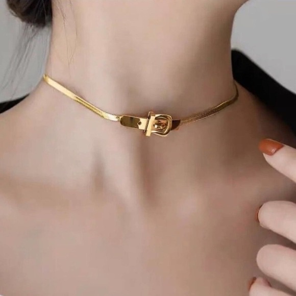 Belt Buckle Design Gold Plated Herringbone Choker Matching Bracelet Set - Picture 4 of 14